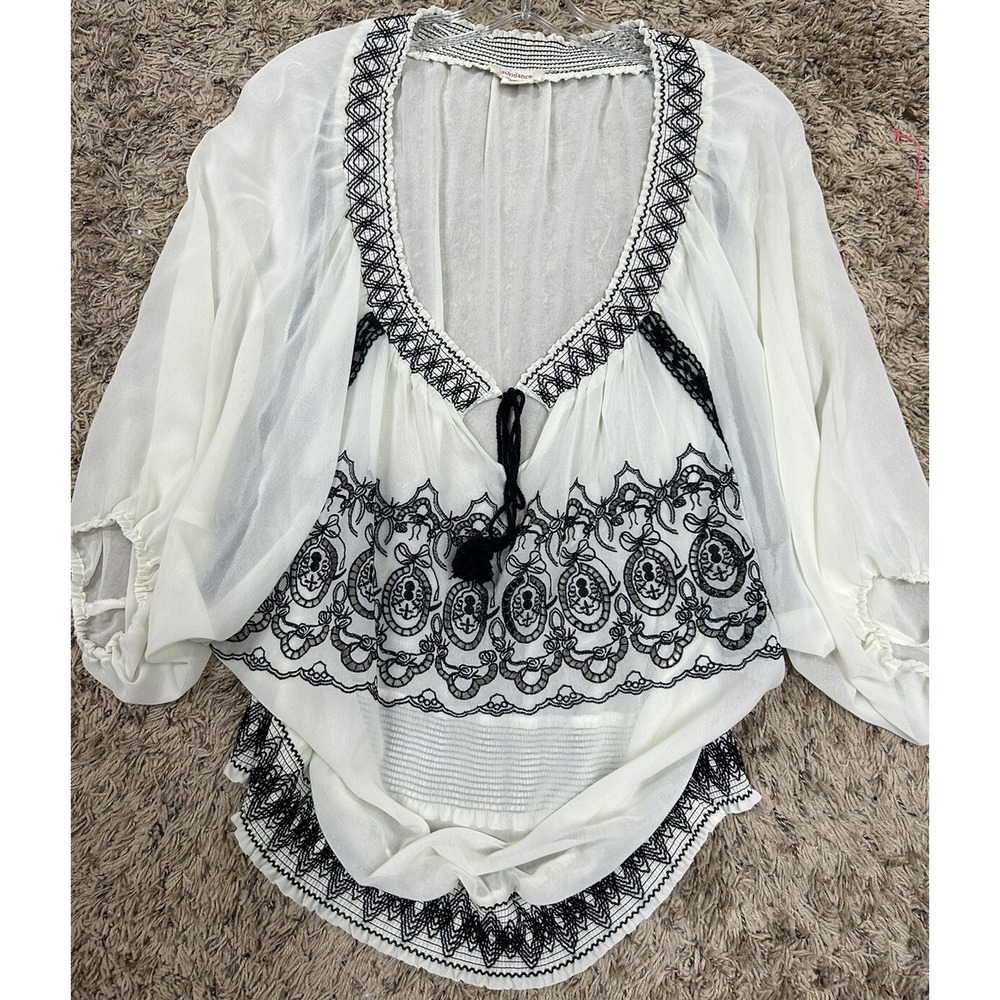 Sundance Womens Size L Tan Embroidered Chiffon Peasant Blouse Top (L8)